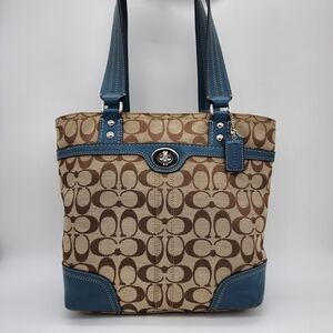 Coach Hampton Y2K Signature Tote Shoulder Bag Tan Brown Blue Turnlock